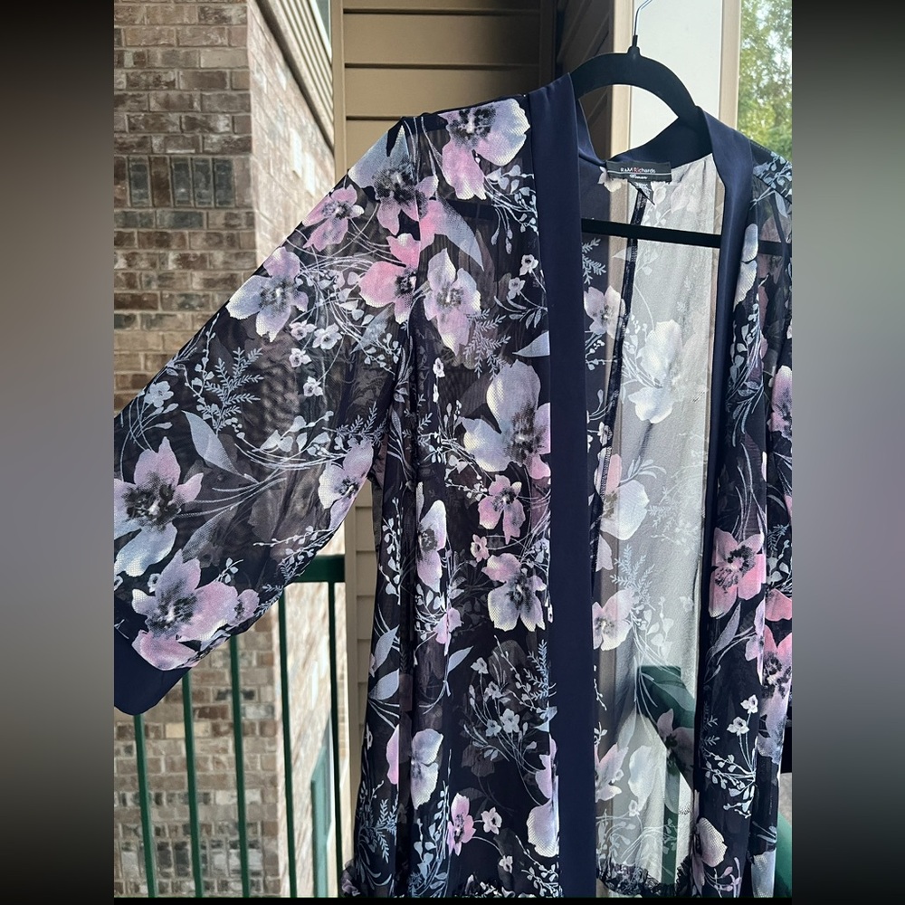 🆕 R&M Richards 22W Navy Pink Floral Mesh Jacket Kimono Cardigan Duster Plus Size - Picture 5 of 16